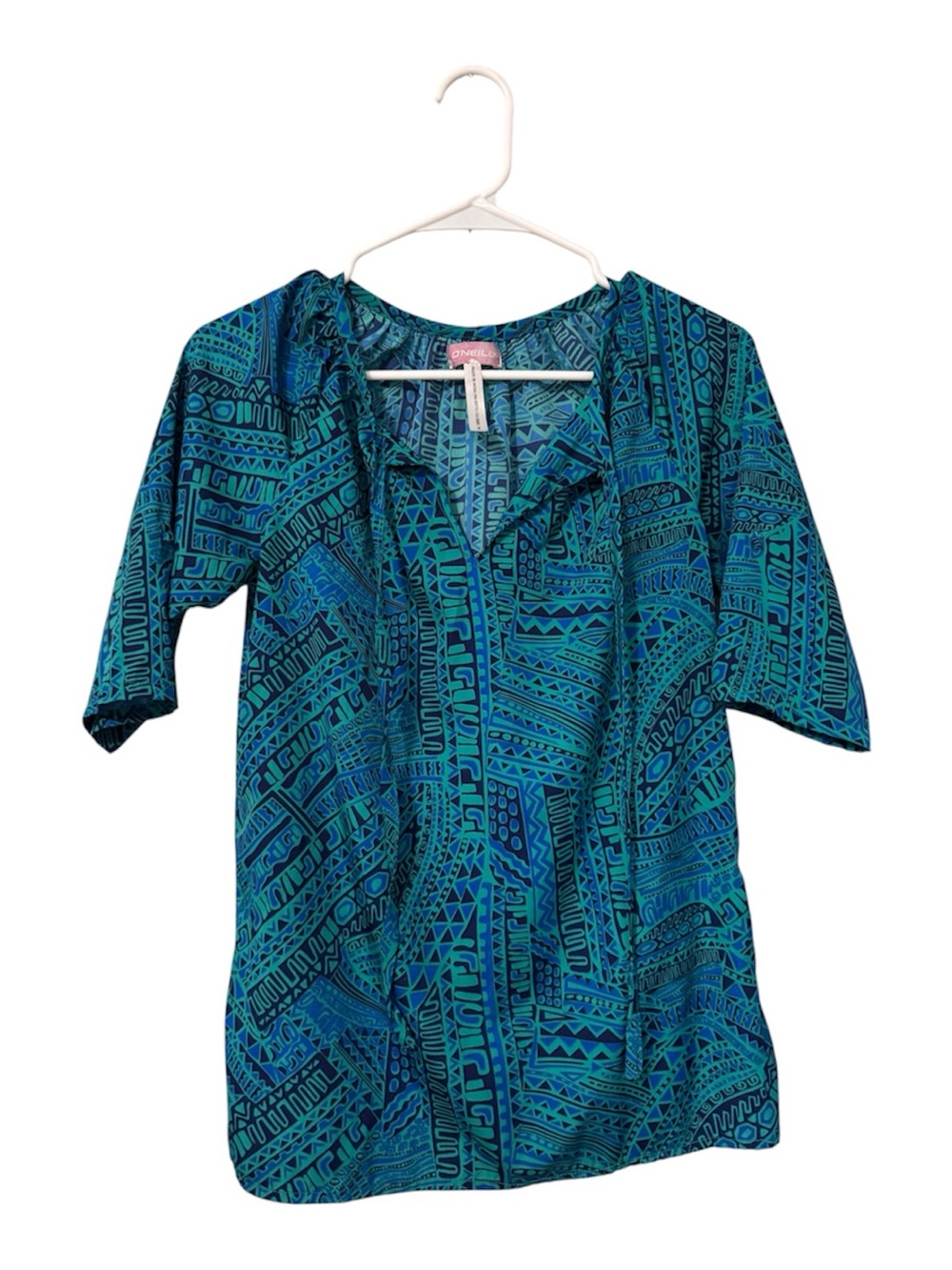 O’Neill Women Small Blue Teal Tribal Geometric Split Neck Tunic Top